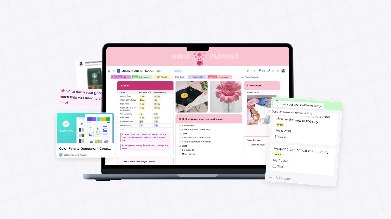 xTiles ADHD Planner Pink template showing a Goals section with time estimates, a task breakdown tile, a Daily Planner view with habit tracking tabs, and a task panel with due dates