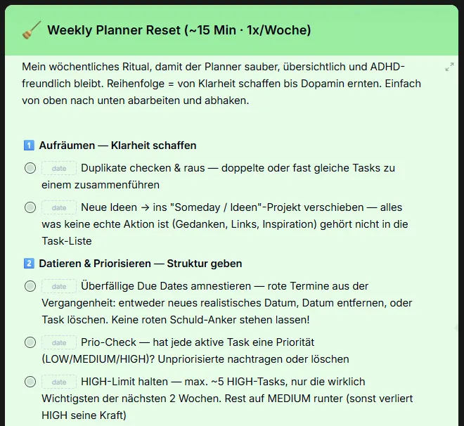 Weekly Planner Reset checklist in xTiles showing step 1 tidy up and step 2 date and prioritize